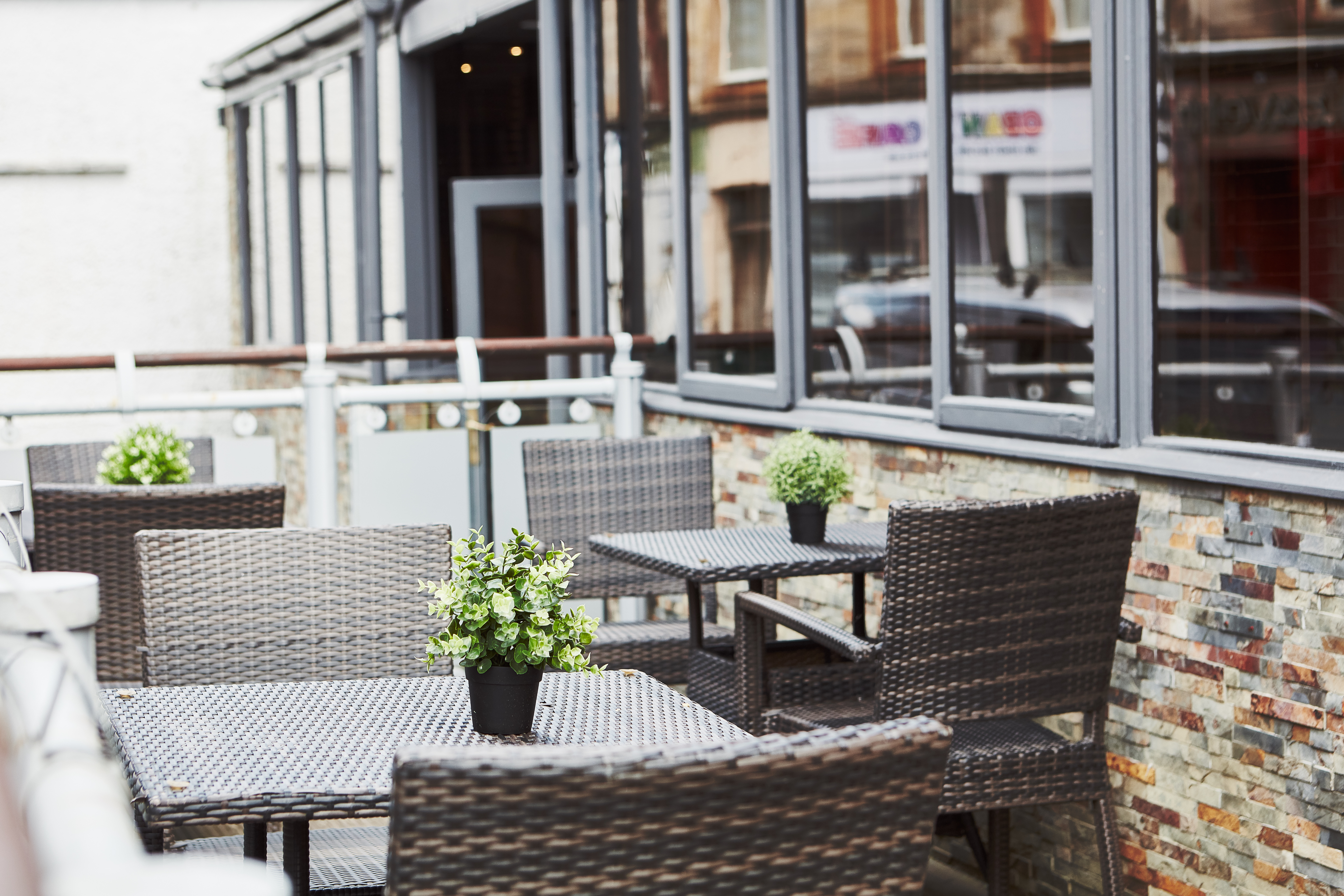 Outdoor seating area at The Scot Hotel Restaurant in Oban town centre
